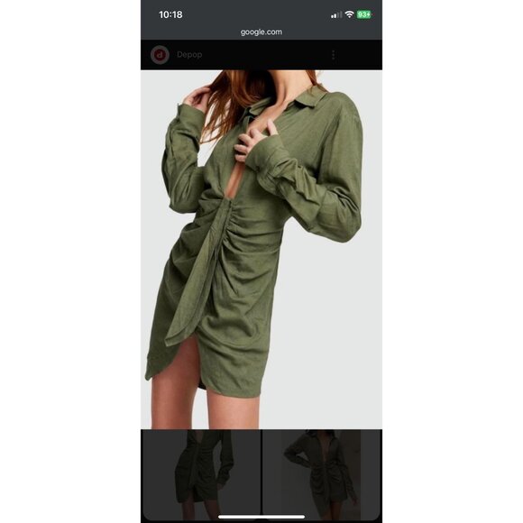 Lioness XS Olive Green Long-Sleeve Ruched Button-Up Mini Dress Linen - Picture 2 of 9